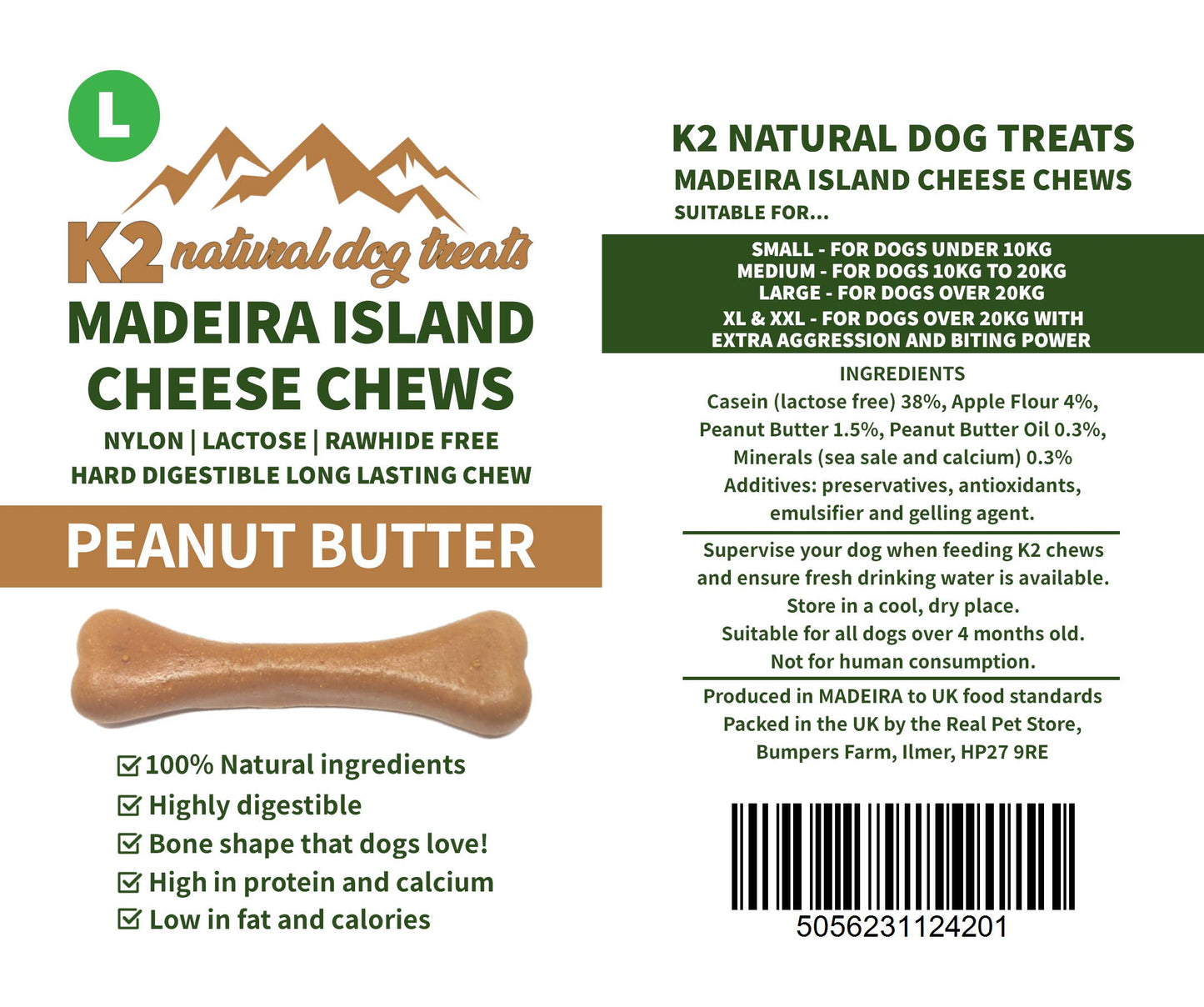 Real Pet Supplies - K2 Madeira Island Cheese Chews Peanut Butter Large 83g