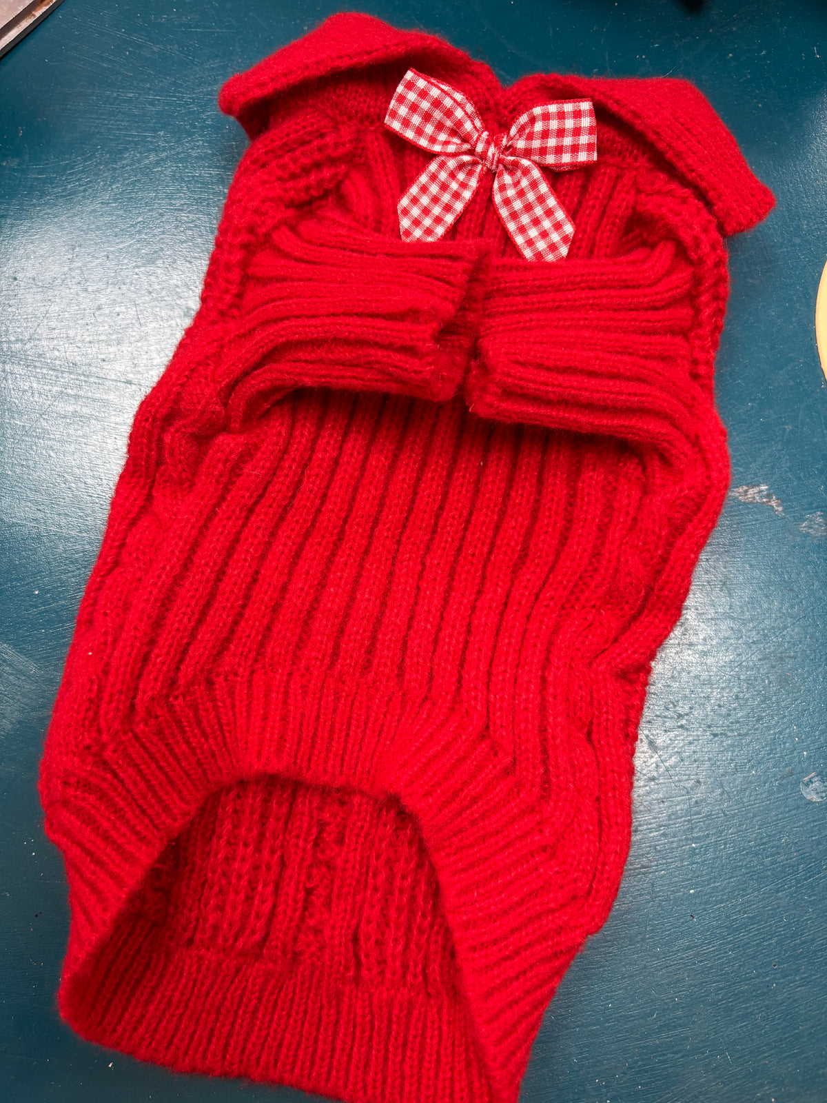 Red Cable Knit Jumper with Gingham Bow