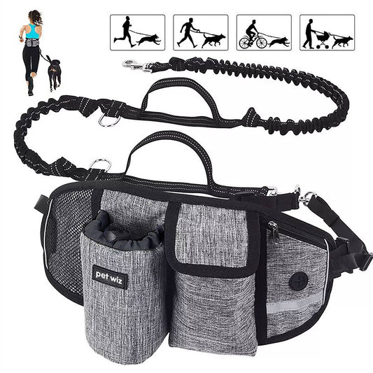 Pet Wiz - Hands Free Dog Running Lead with Wide Back Support Belt, Adjustable Waistband, Multiple Compartments, Dual Handles and Bungee Leads