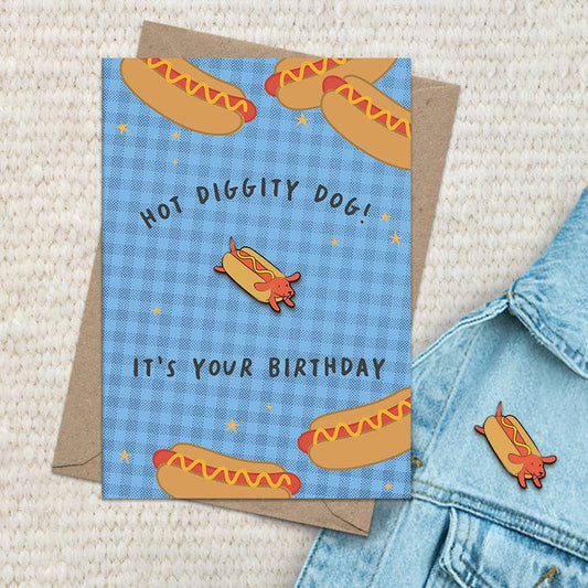 Dandelion Stationery - Pin Badge Greetings Card - Hotdog birthday (cello wrapped)