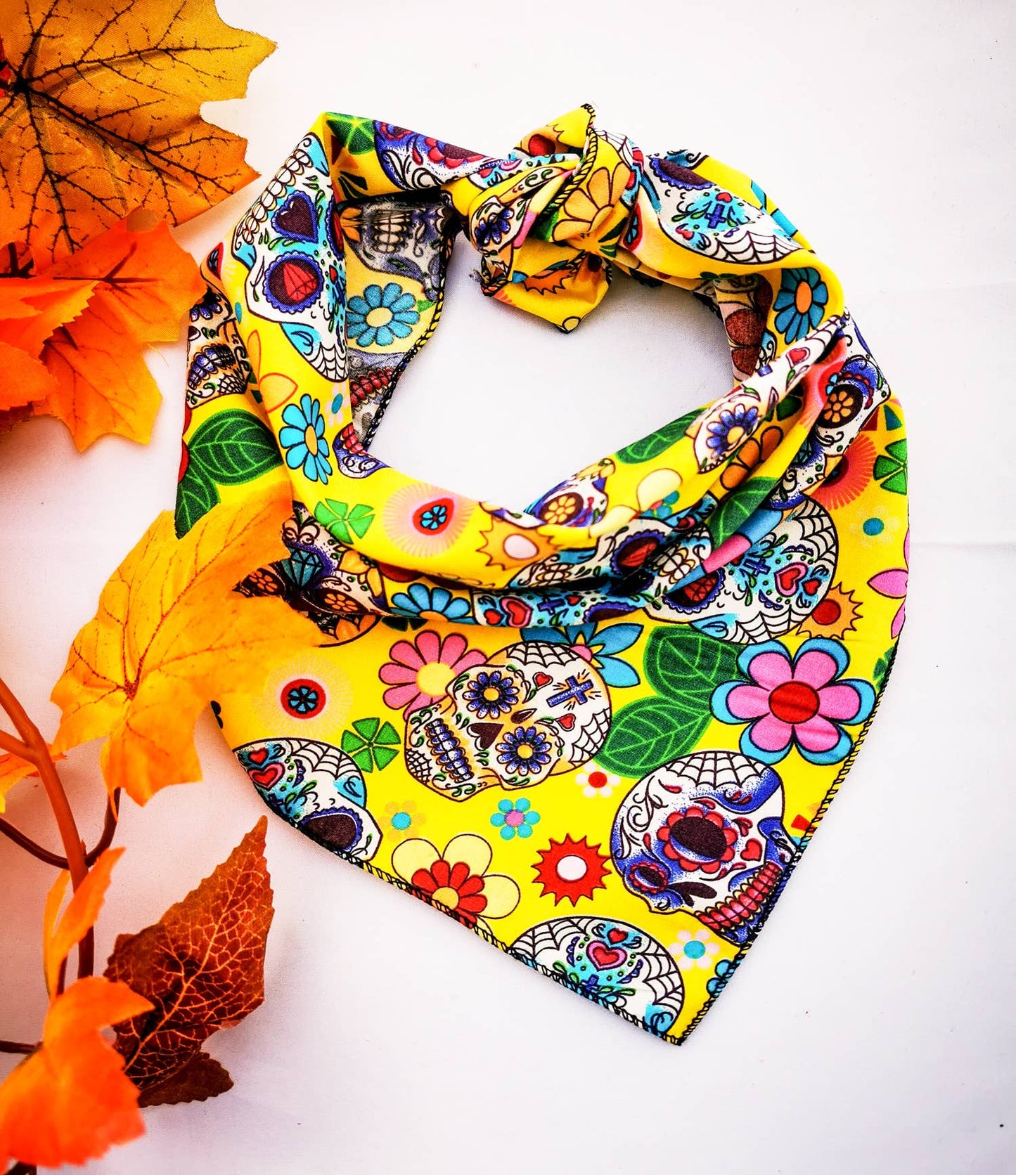 Pet Pooch Boutique - Yellow Sugar Skulls Dog Bandana - Handmade (Halloween)