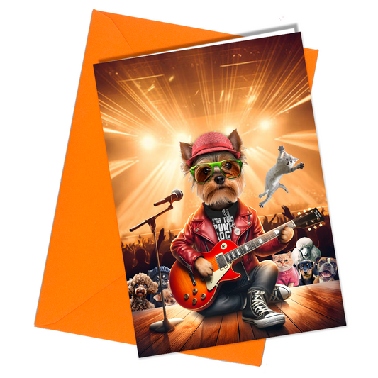 #168k Yorkshire Terrier Rock Band Birthday Card