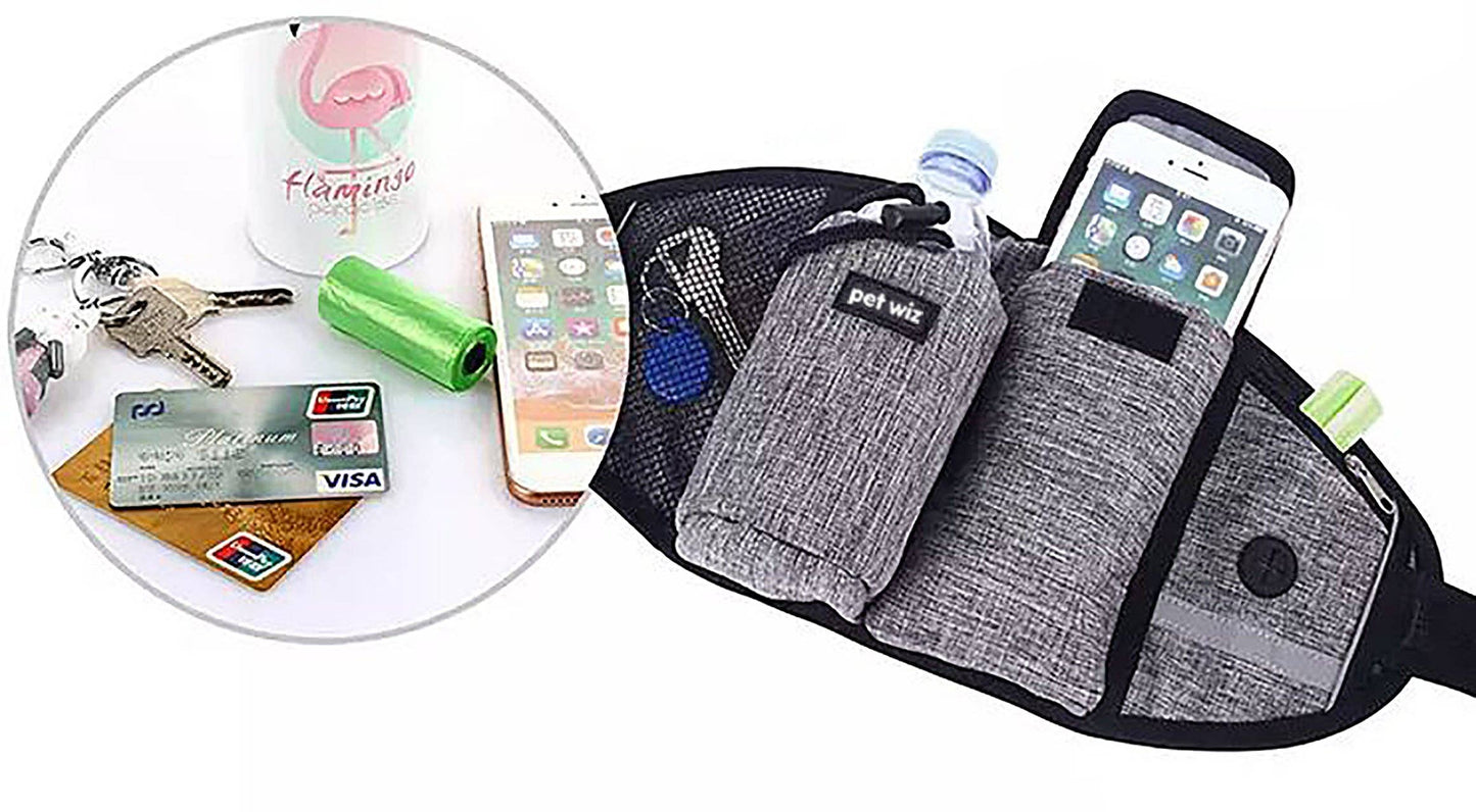 Pet Wiz - Hands Free Dog Running Lead with Wide Back Support Belt, Adjustable Waistband, Multiple Compartments, Dual Handles and Bungee Leads
