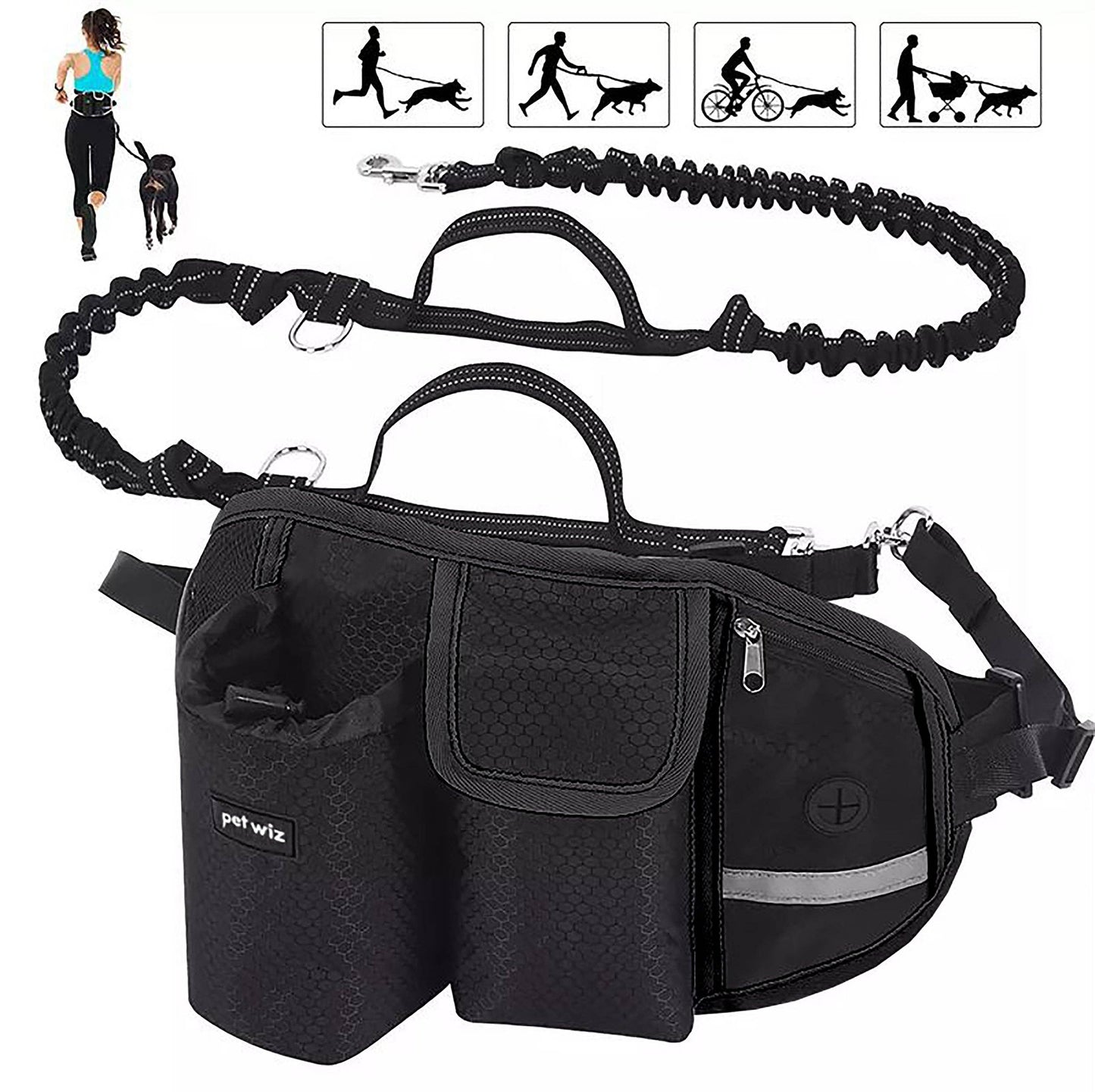 Pet Wiz - Hands Free Dog Running Lead with Wide Back Support Belt, Adjustable Waistband, Multiple Compartments, Dual Handles and Bungee Leads