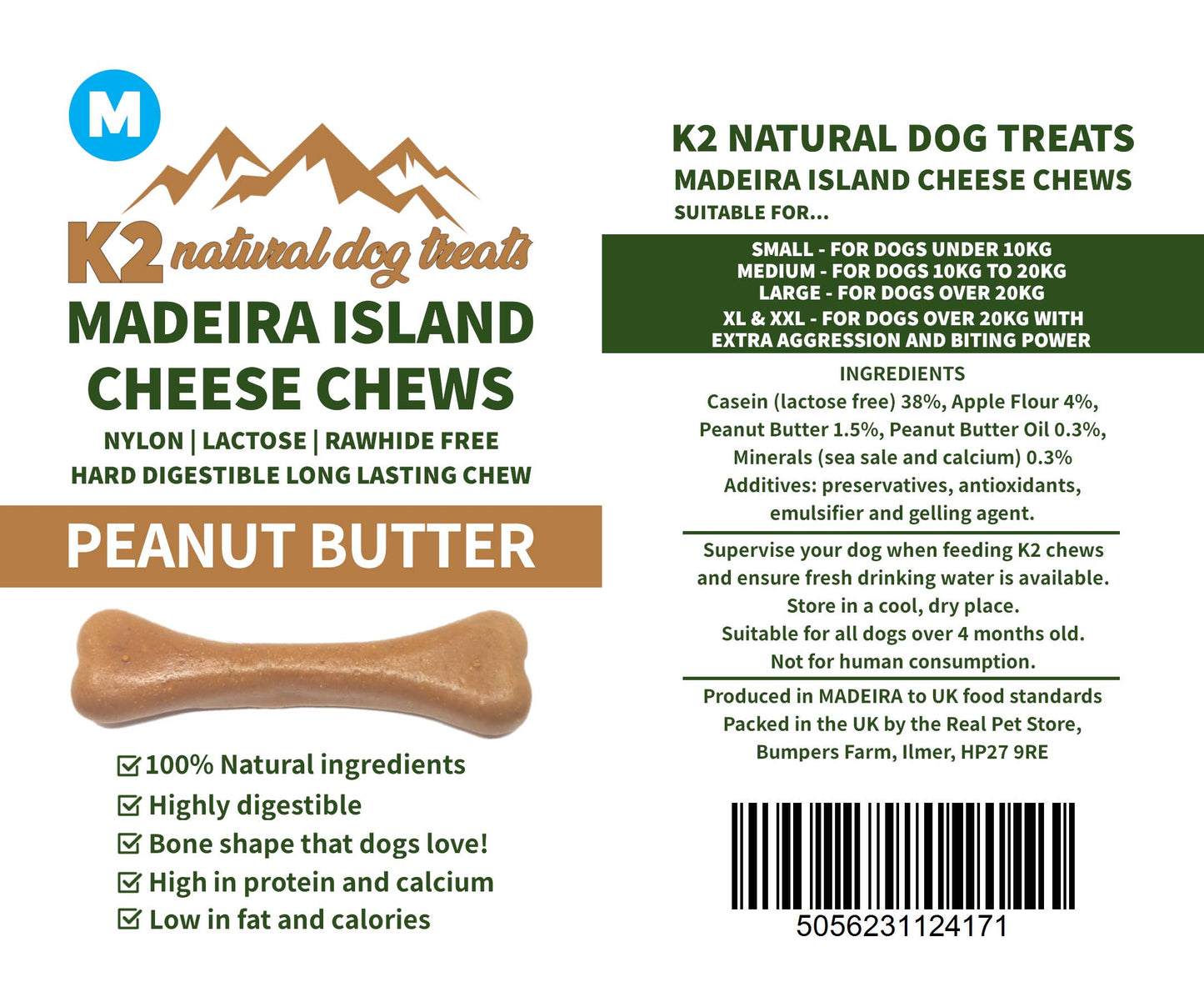 Real Pet Supplies - K2 Madeira Island Cheese Chews Peanut Butter Medium 60g