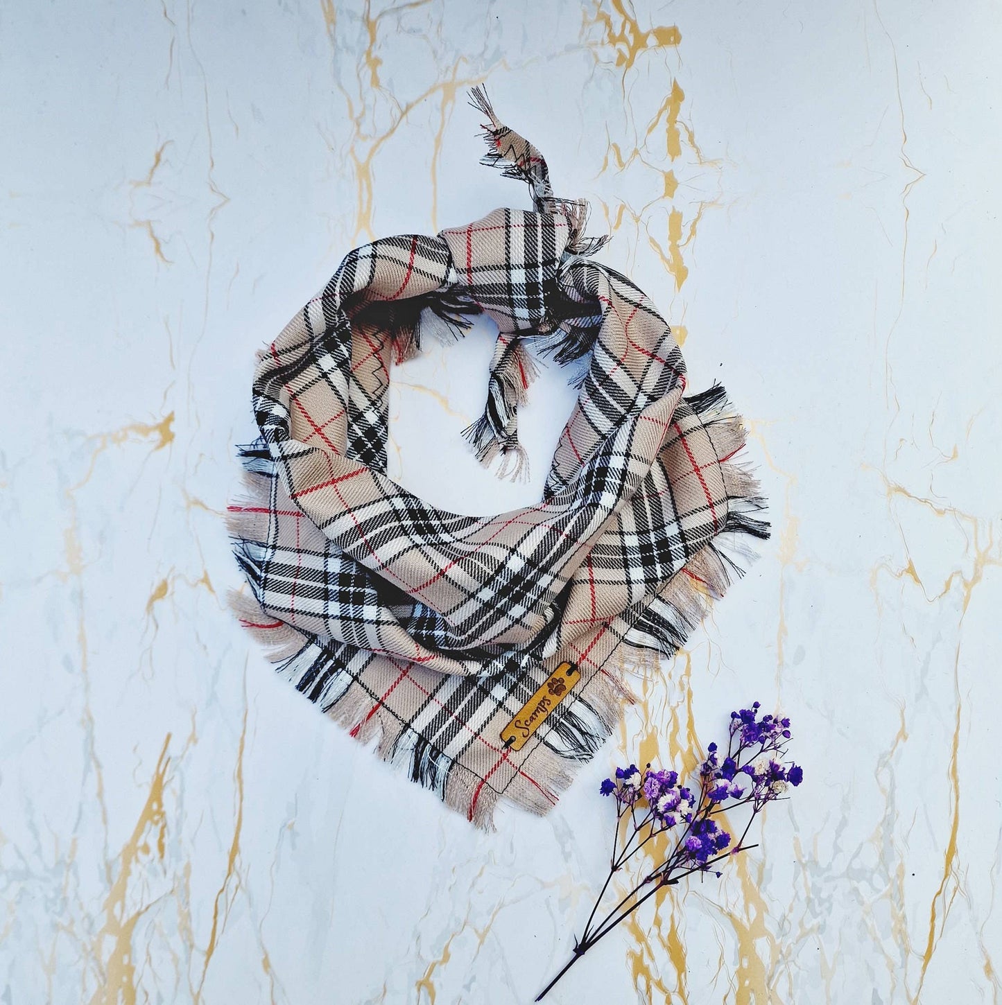 Pet Pooch Boutique - Frayed Barkberry Plaid Check Dog Bandana - Handmade