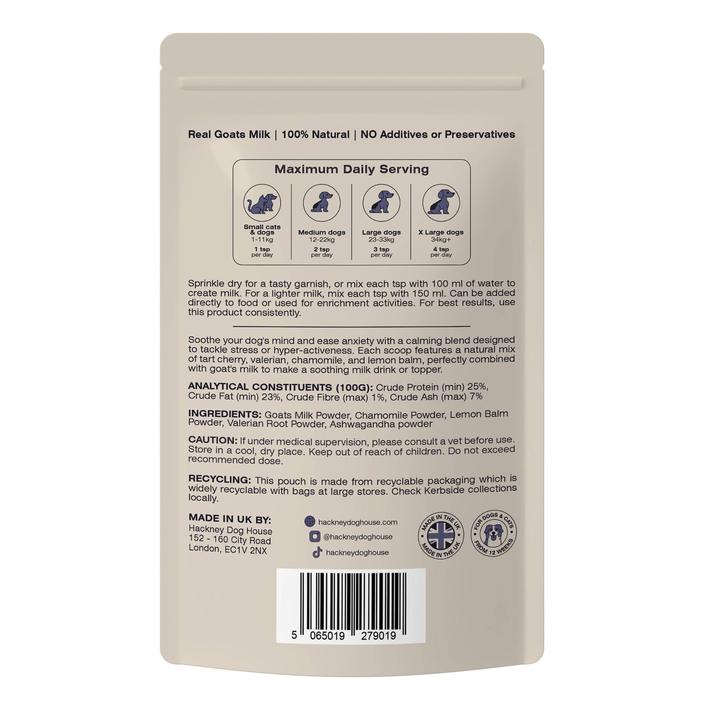 Hackney Dog House - Calming Goats Milk Powder for Dogs | Makes Twelve Pints