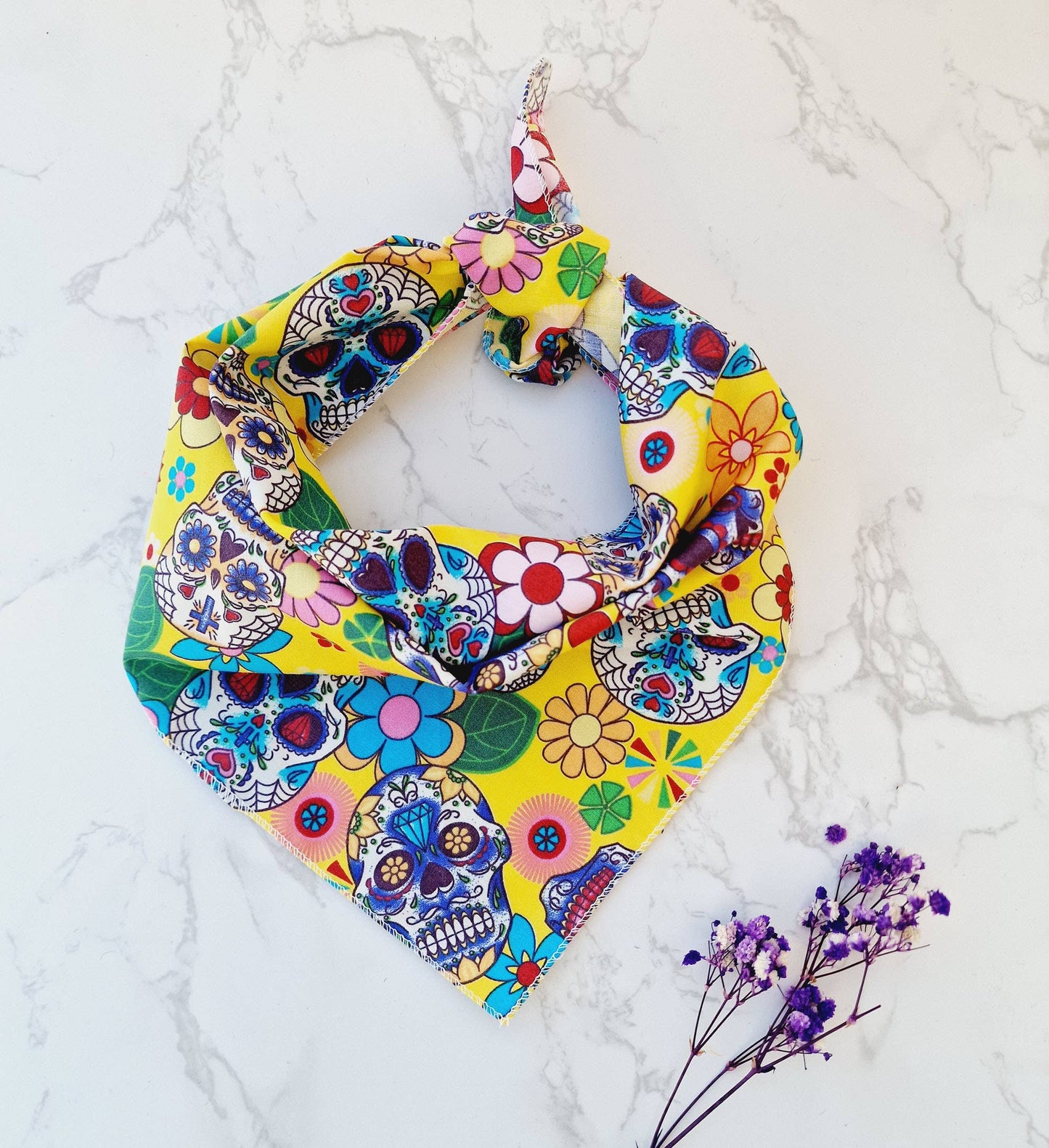 Pet Pooch Boutique - Yellow Sugar Skulls Dog Bandana - Handmade (Halloween)