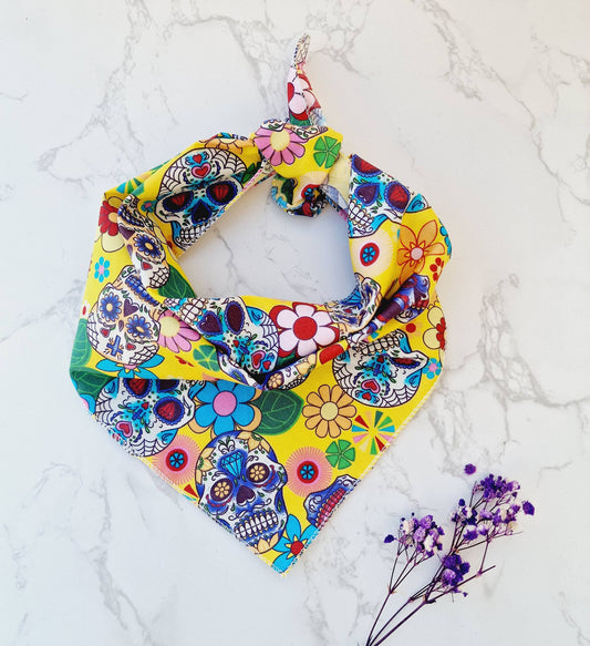 Pet Pooch Boutique - Yellow Sugar Skulls Dog Bandana - Handmade (Halloween)