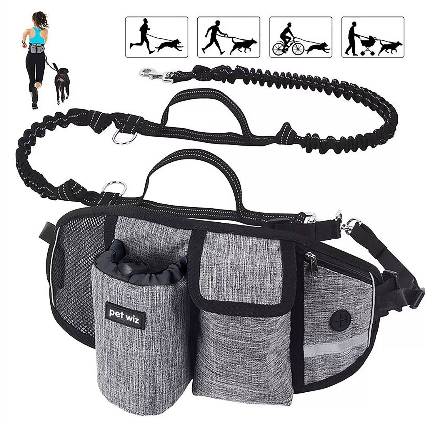 Pet Wiz - Hands Free Dog Running Lead with Wide Back Support Belt, Adjustable Waistband, Multiple Compartments, Dual Handles and Bungee Leads
