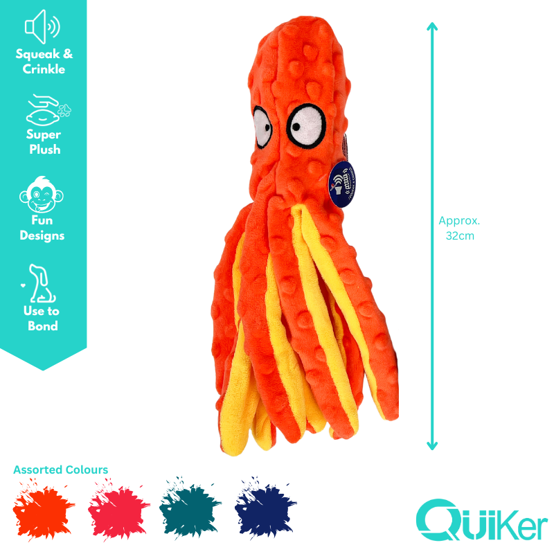 Quiker Pet Products - 32cm- No Stuffing Squeak & Crinkle OctoPals