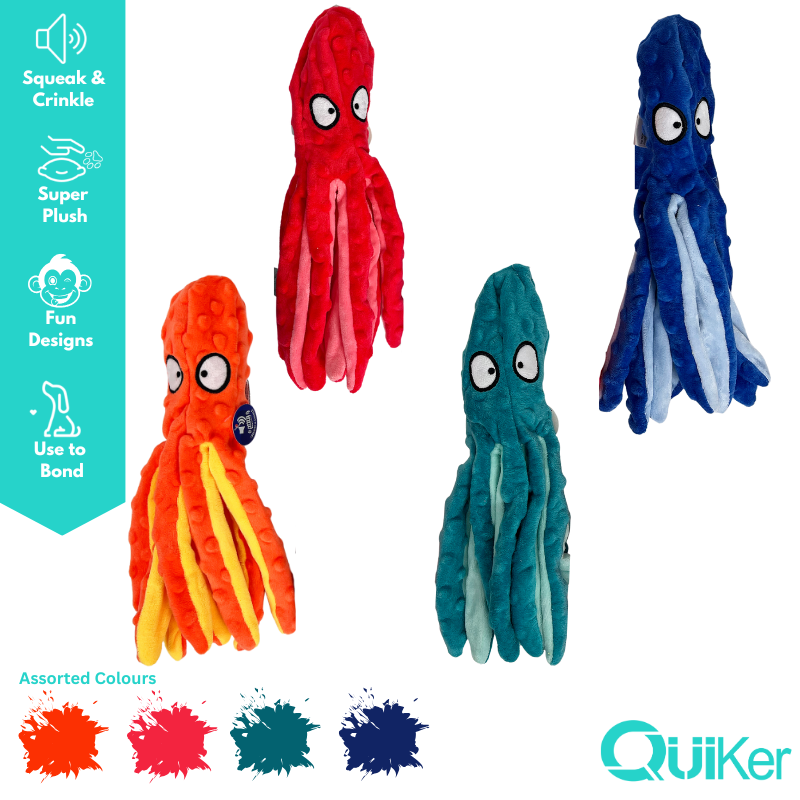 Quiker Pet Products - 32cm- No Stuffing Squeak & Crinkle OctoPals